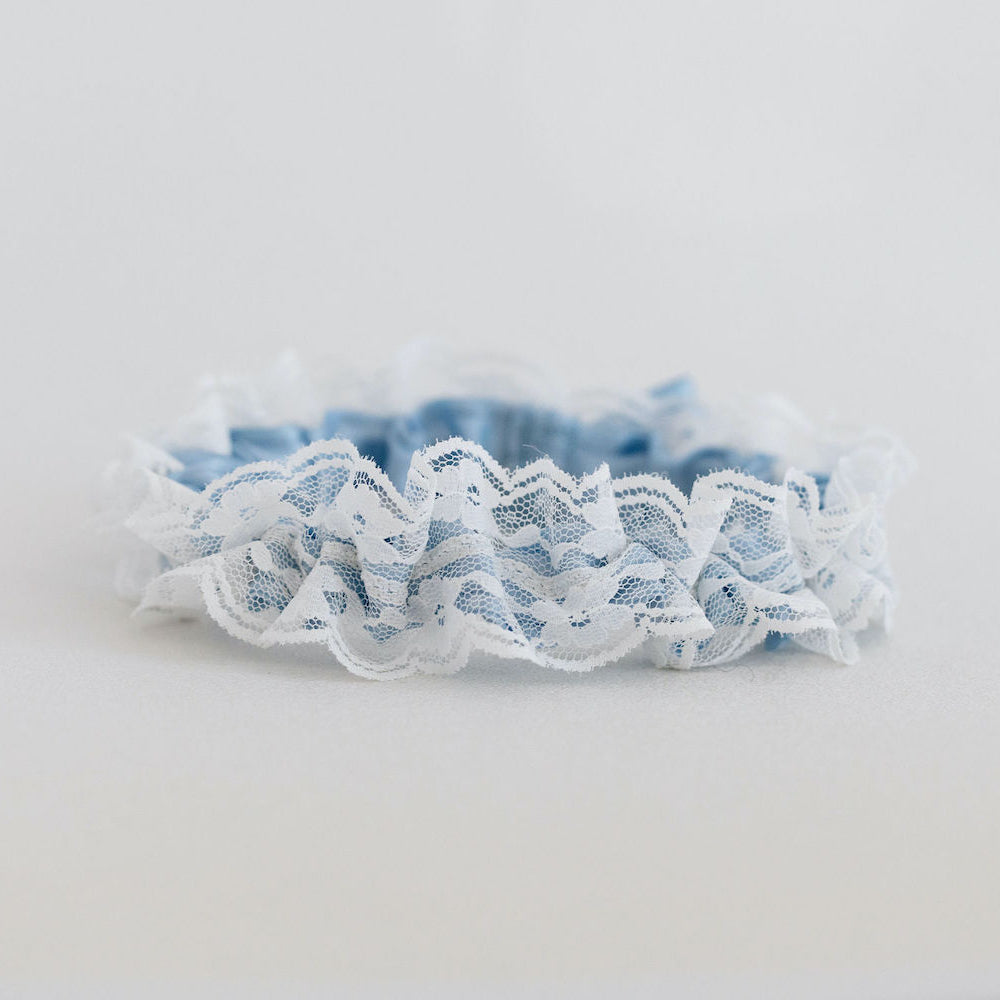 light blue and ivory lace wedding garter heirloom handmade by The Garter Girl