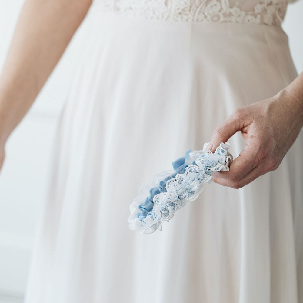 light blue and ivory lace wedding garter heirloom handmade by The Garter Girl