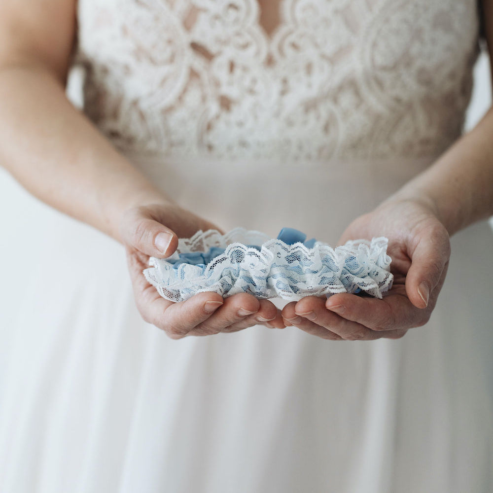 light blue and ivory lace wedding garter heirloom handmade by The Garter Girl
