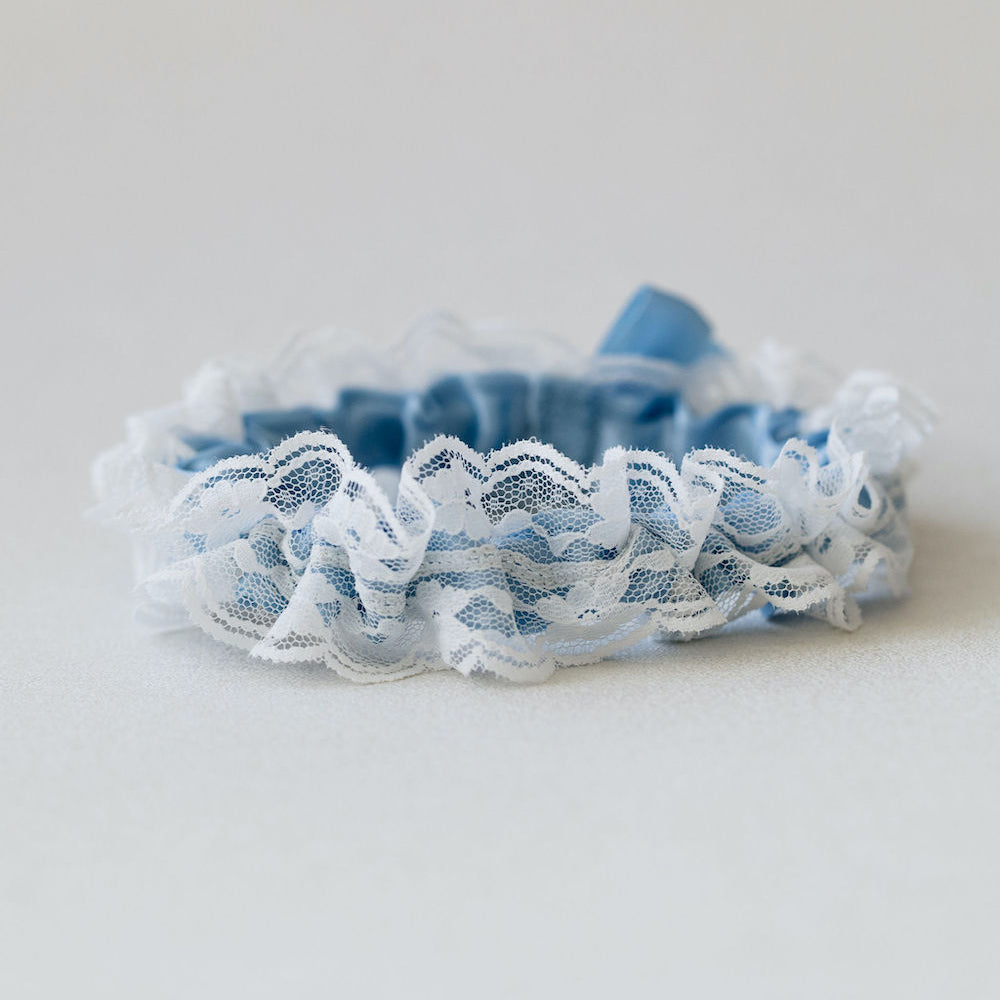 light blue and ivory lace wedding garter heirloom handmade by The Garter Girl