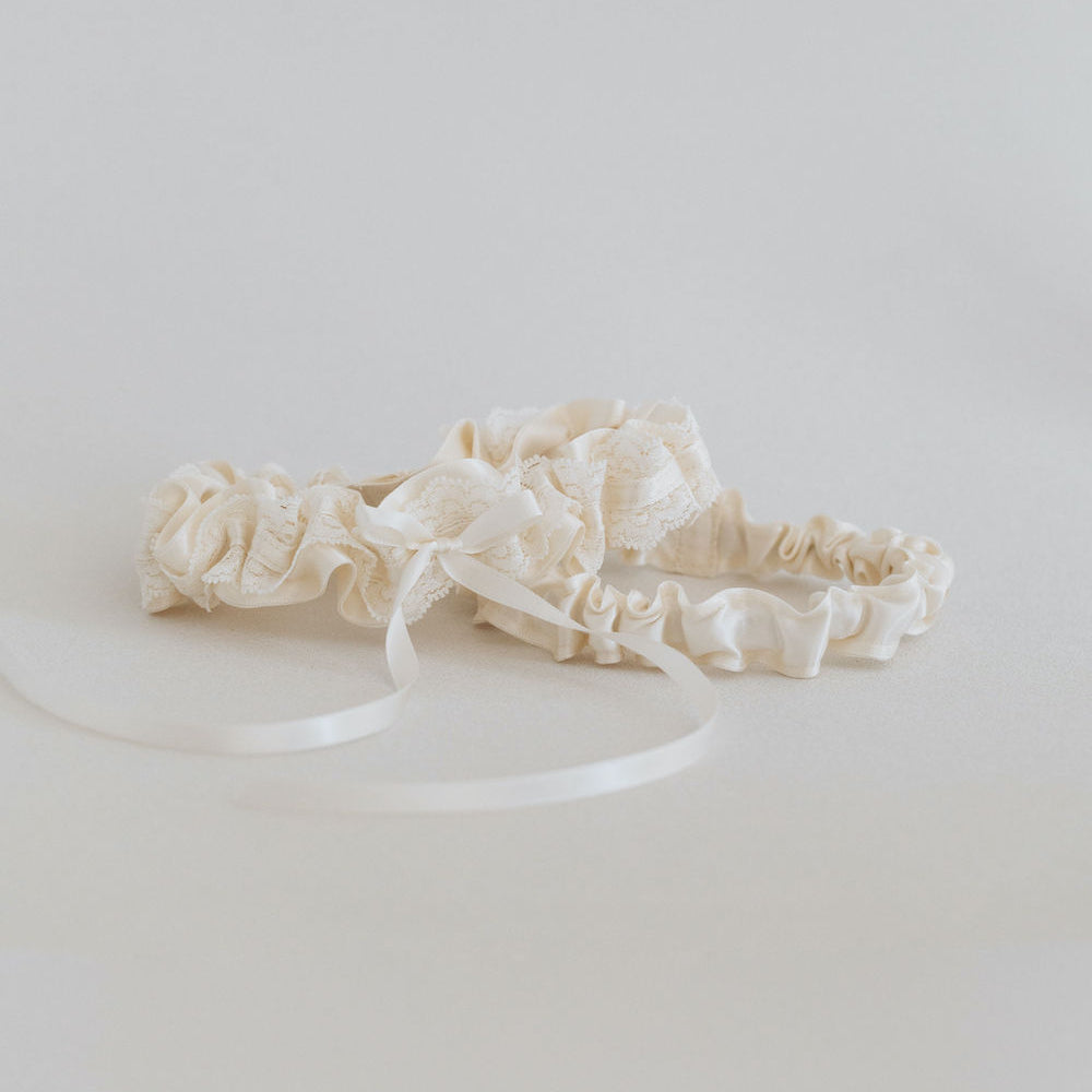 glamorous ivory lace and satin wedding garter heirloom handmade by The Garter Girl