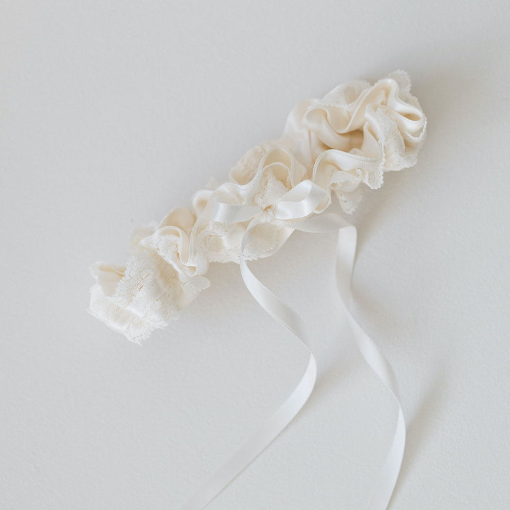 glamorous ivory lace and satin wedding garter heirloom handmade by The Garter Girl