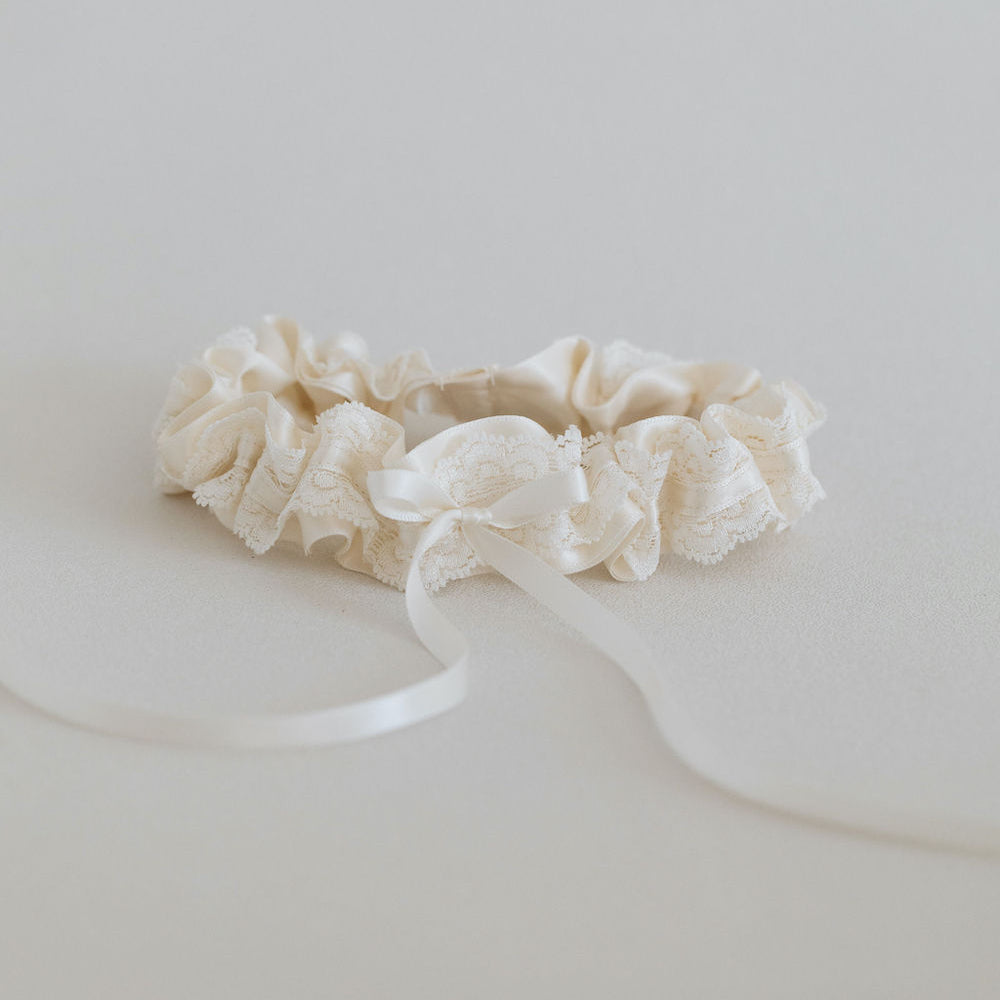 glamorous ivory lace and satin wedding garter heirloom handmade by The Garter Girl