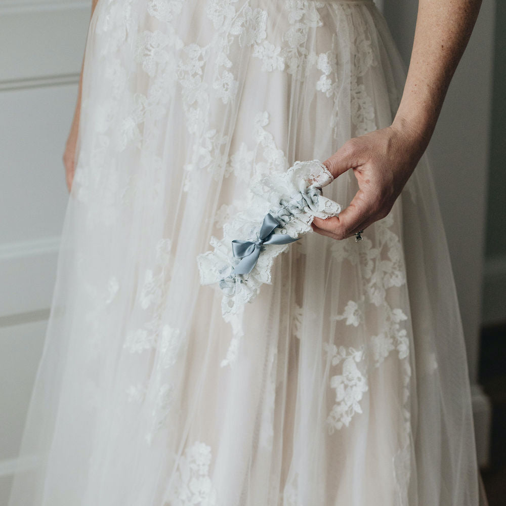 perfect something blue for bride - ivory lace and dusty blue satin wedding garter bridal accessory handmade heirloom by The Garter Girl