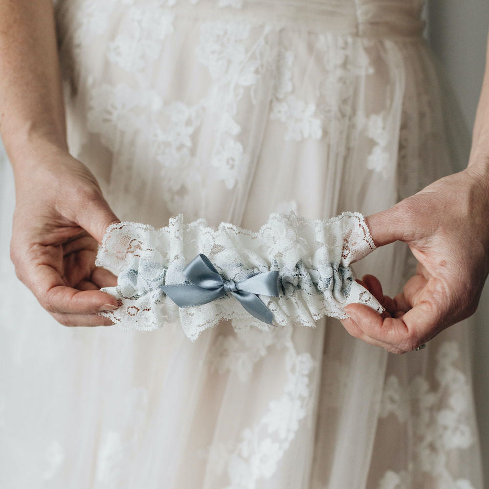 Dusty Blue & Lace Wedding Garter | Something Blue Satin Bridal Garter Do Not Add Tossing Garter / Add Personalized Embroidery (+$76) / Small (14 - 18 Dusty Blue & Lace Wedding Garter | Something Blue Satin Bridal Garter Do Not Add Tossing Garter / Add Personalized Embroidery (+$76) / Small (14 - 18