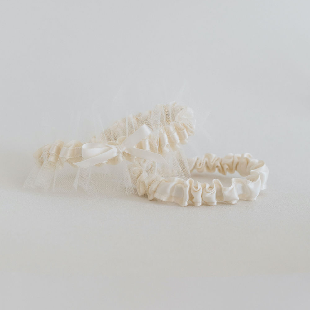 ivory tulle and satin wedding garter heirloom handmade by The Garter Girl