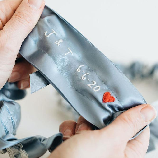 personalized hand embroidered wedding heirloom garter, handkerchief handmade by The Garter Girl