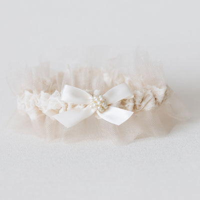 elegant wedding garter heirloom with tulle, satin, lace & pearls by expert bridal accessory designer, The Garter Girl