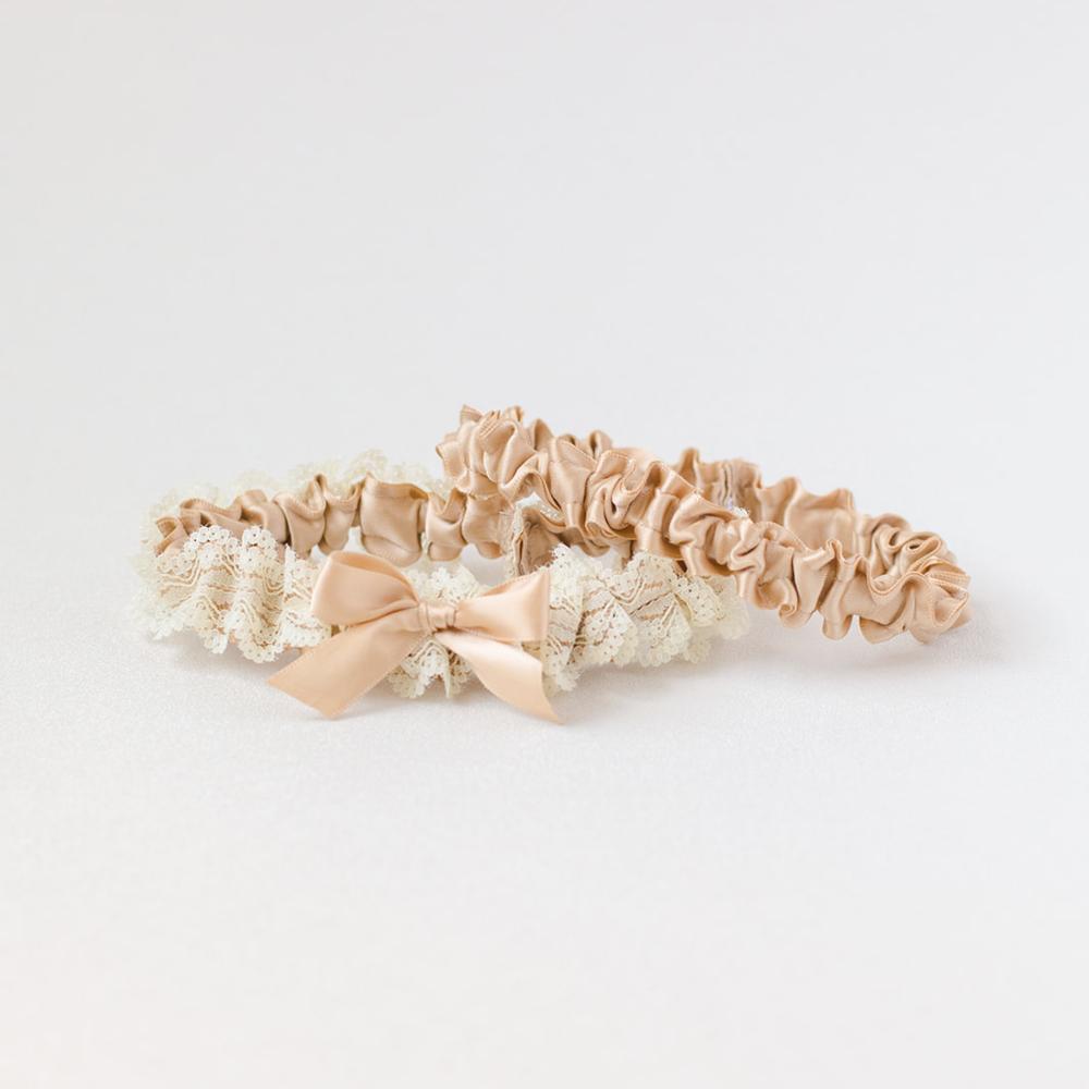 luxury champagne and lace wedding garter handmade by The Garter Girl
