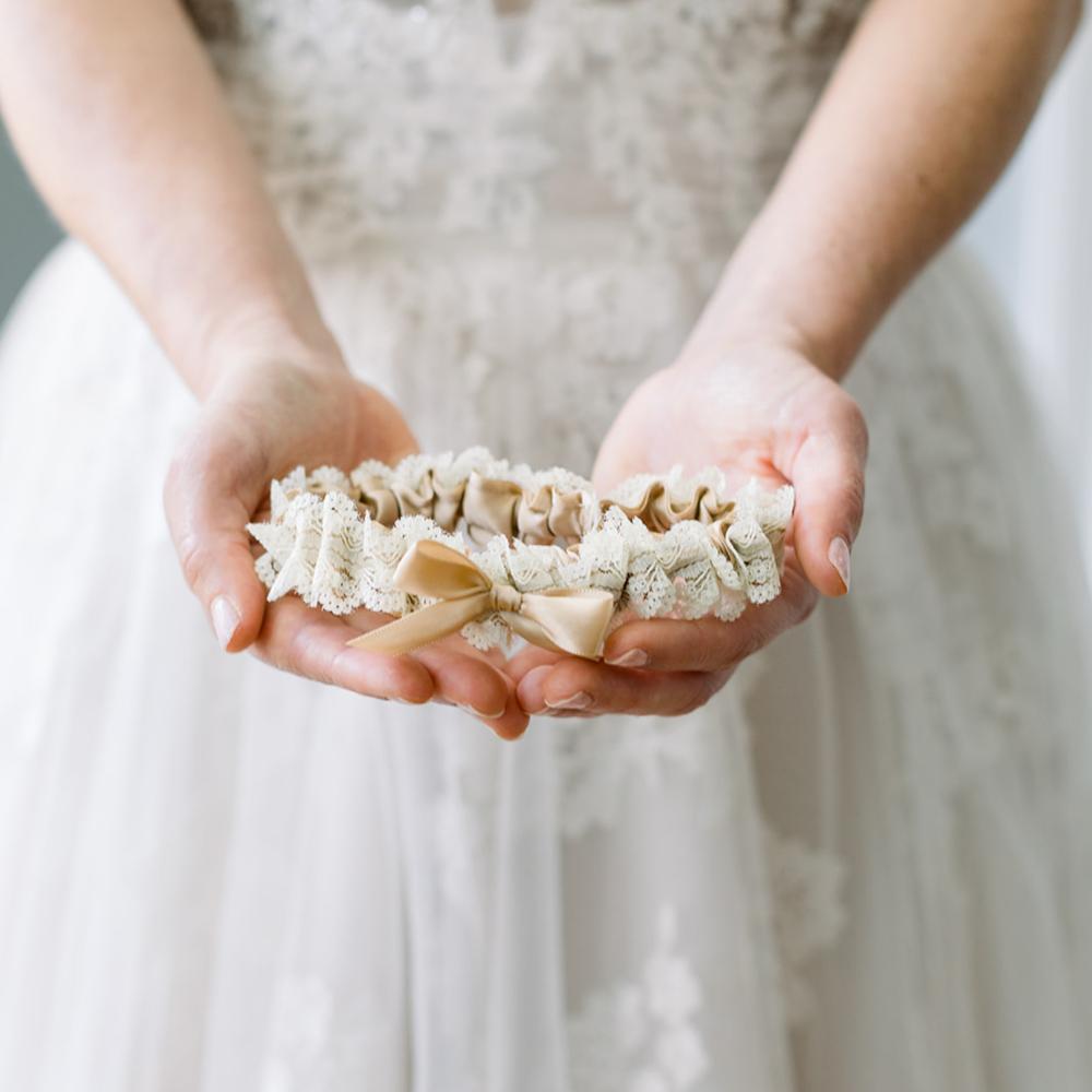 luxury champagne and lace wedding garter handmade by The Garter Girl