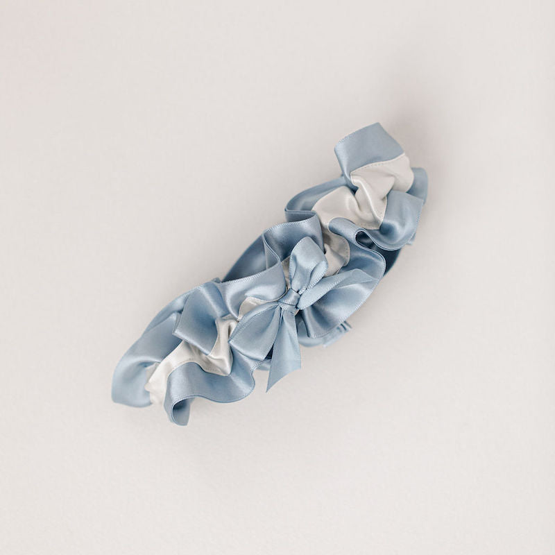 dusty blue and ivory satin designer wedding garter handmade by The Garter Girl