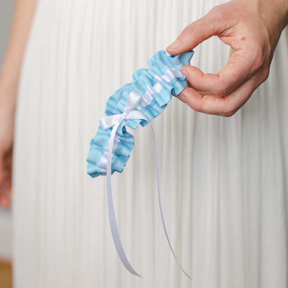 modern wedding garter heirloom with light blue and white handmade by The Garter Girl