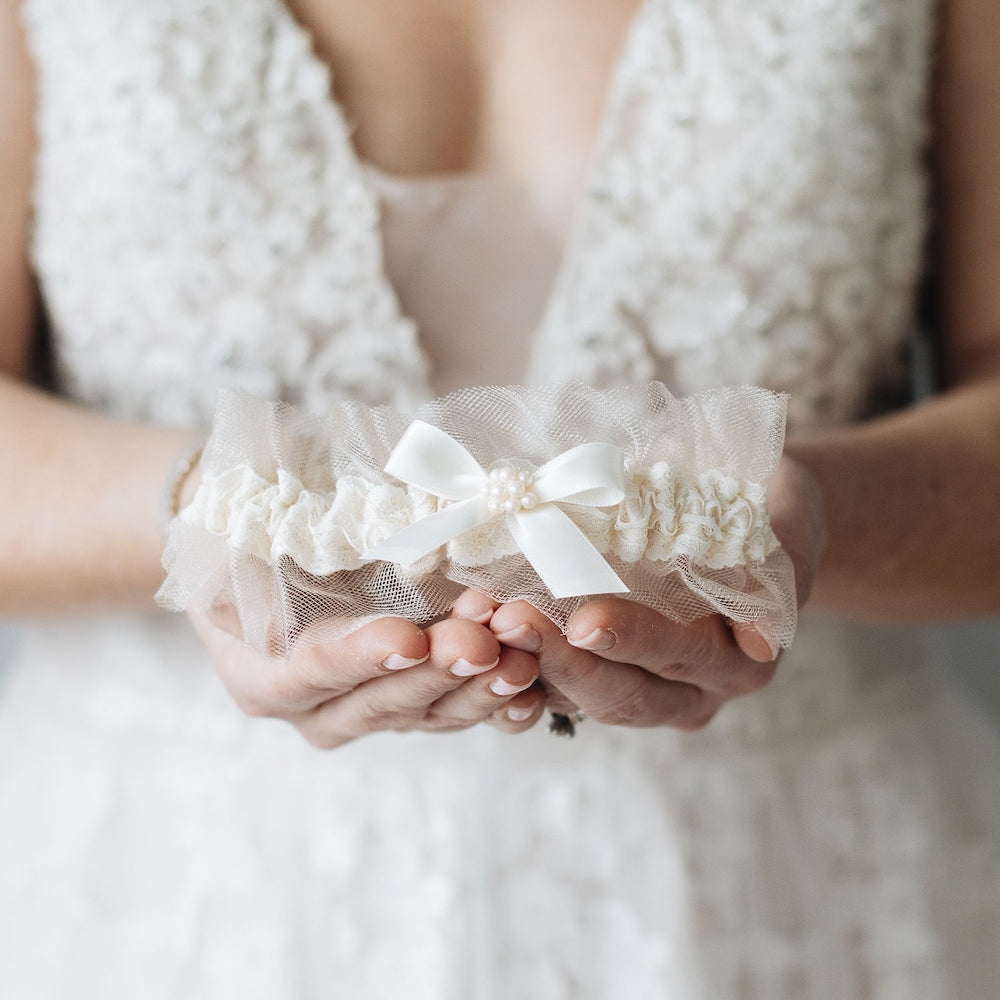 elegant wedding garter heirloom with tulle, satin, lace & pearls by expert bridal accessory designer, The Garter Girl
