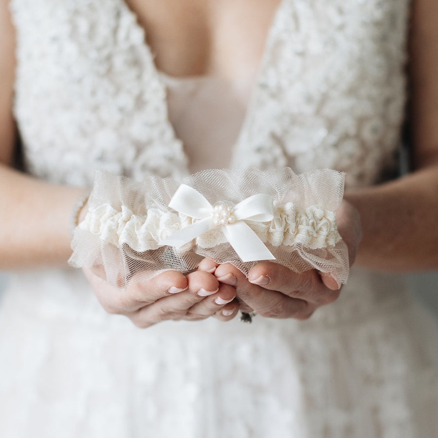elegant wedding garter heirloom with tulle, satin, lace & pearls by expert bridal accessory designer, The Garter Girl