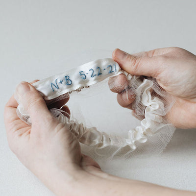 personalized hand embroidered wedding heirloom garter, handkerchief handmade by The Garter Girl