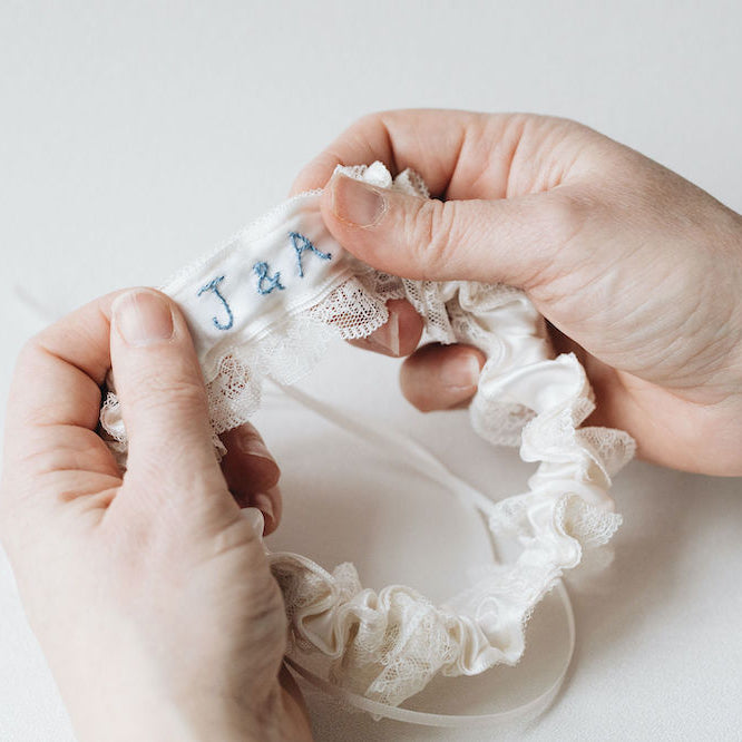personalized hand embroidered wedding heirloom garter, handkerchief handmade by The Garter Girl