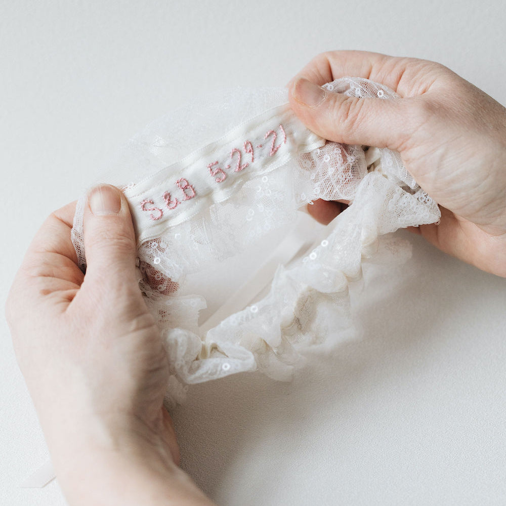 personalized hand embroidered wedding heirloom garter, handkerchief handmade by The Garter Girl