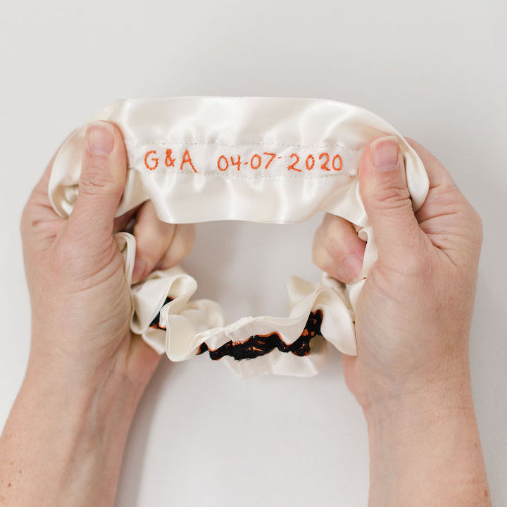 personalized hand embroidered wedding heirloom garter, handkerchief handmade by The Garter Girl