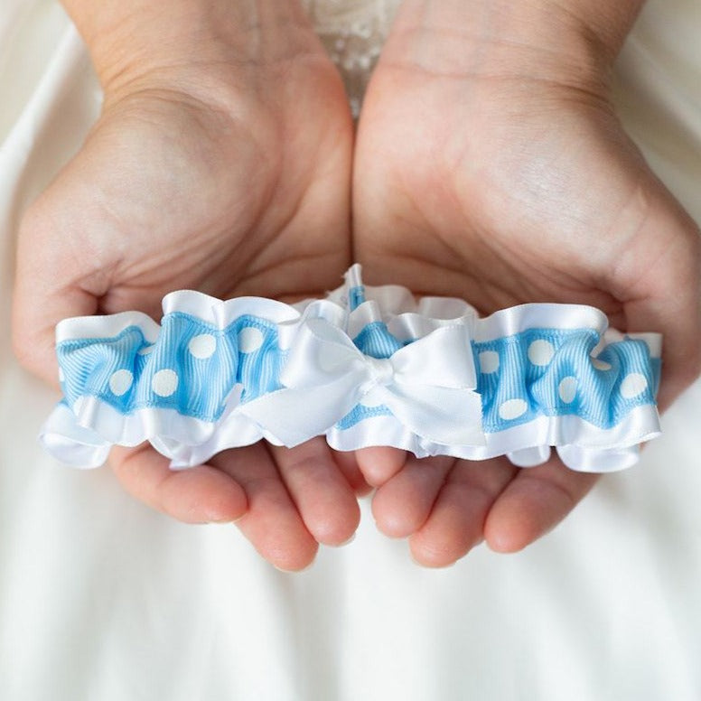White Satin & Blue Polka Dot Wedding Garter | Blue Garter For Bride White Satin & Blue Polka Dot Wedding Garter | Blue Garter For Bride