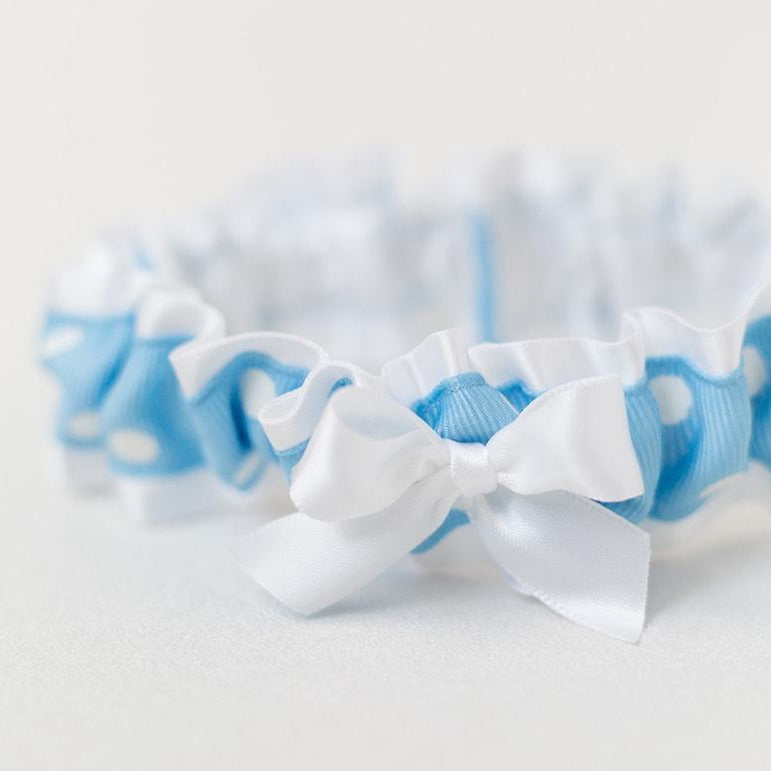 white and blue polka dot wedding garter accessory for the bride handmade heirloom by The Garter Girl