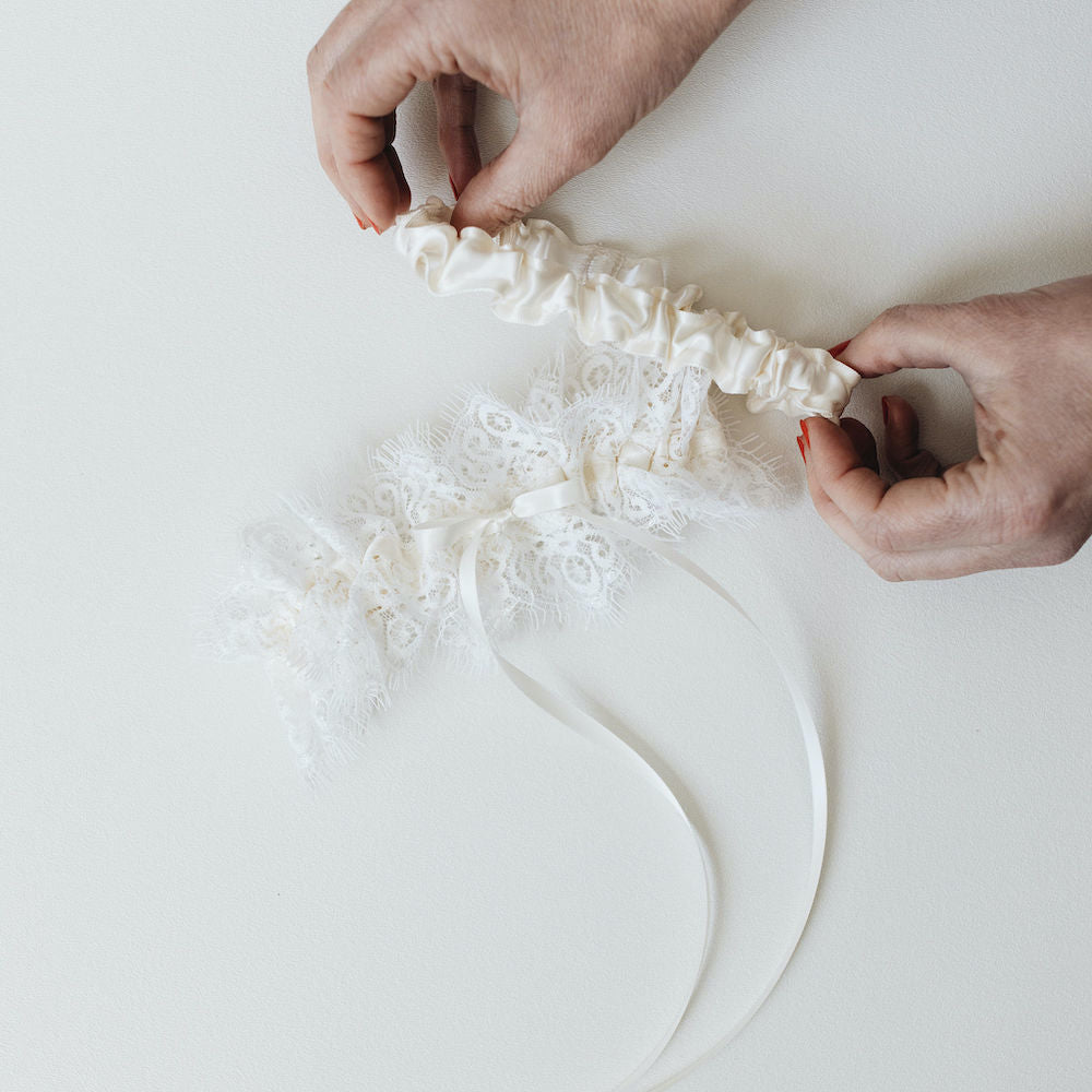 designer wedding garter, bridal accessory with ivory eyelash scallop lace, keepsake heirloom handmade by The Garter Girl