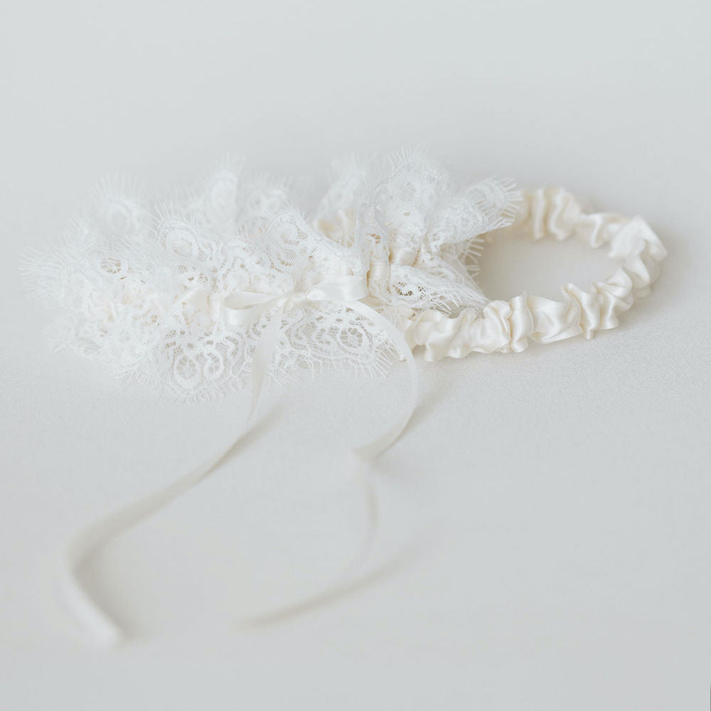 designer wedding garter, bridal accessory with ivory eyelash scallop lace, keepsake heirloom handmade by The Garter Girl