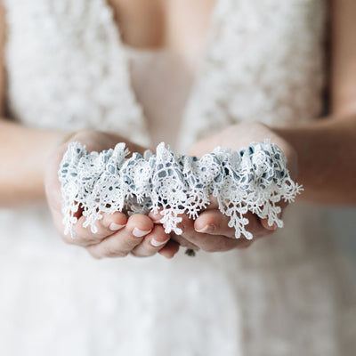 Dusty blue wedding garter w shimmer lace handmade by The Garter Girl