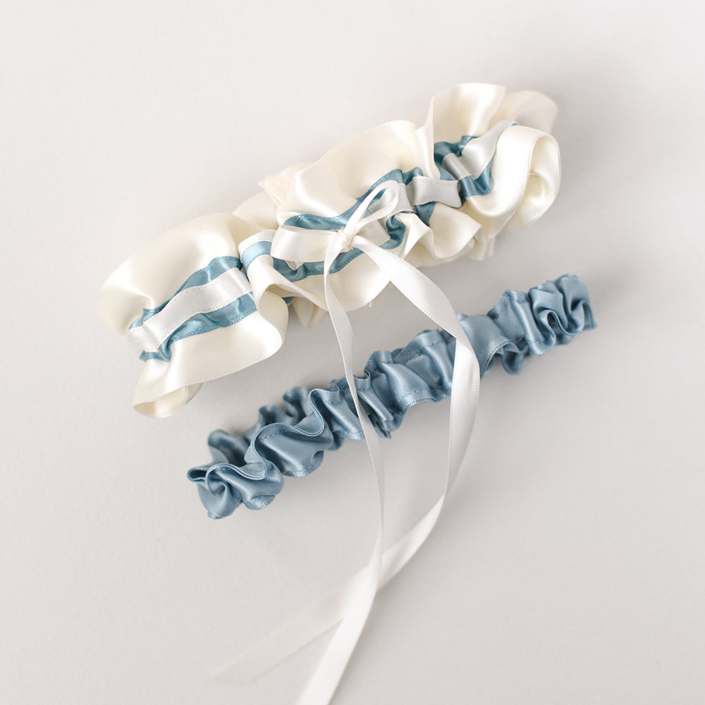 dusty blue and ivory wedding garter heirloom handmade by The Garter Girl