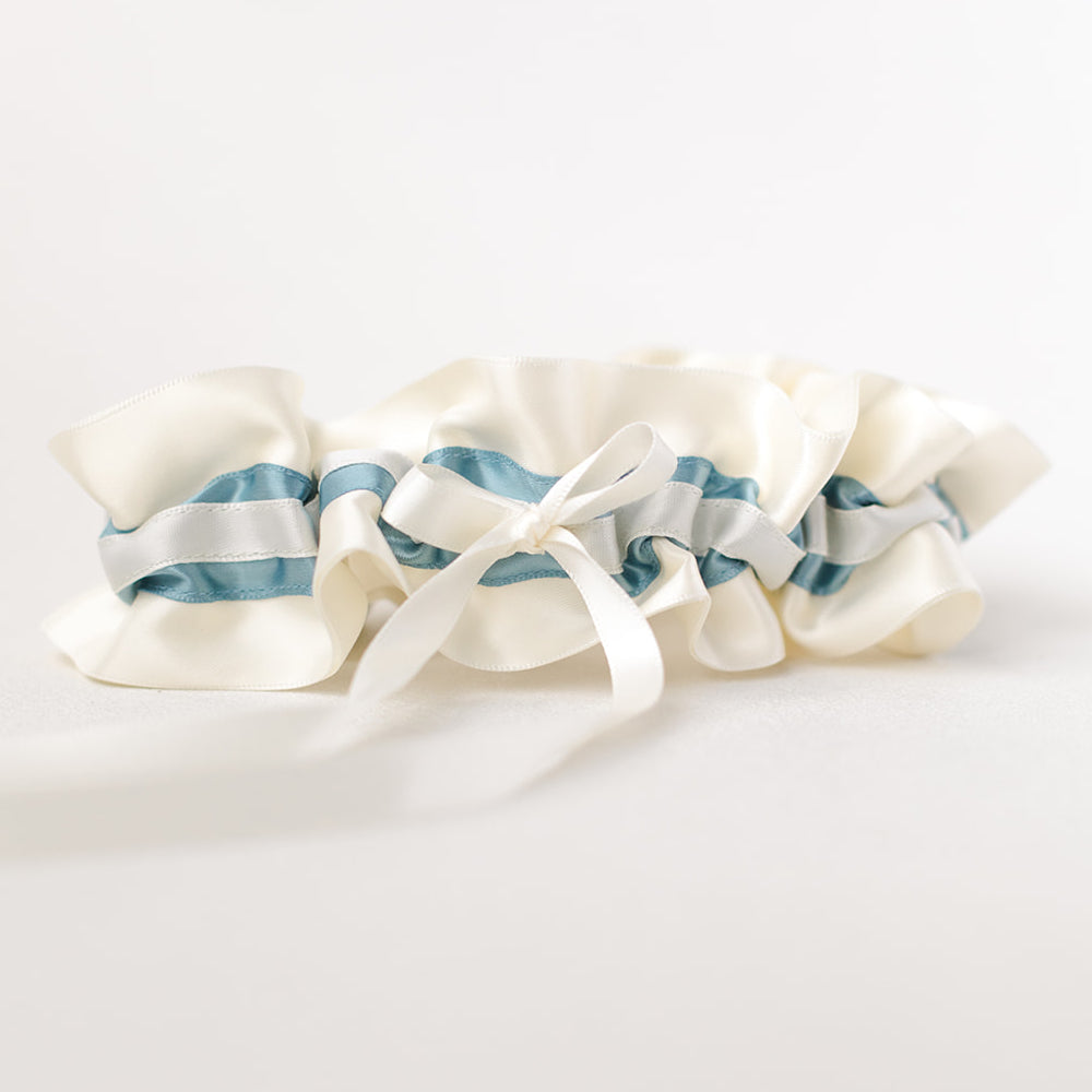 dusty blue and ivory wedding garter heirloom handmade by The Garter Girl