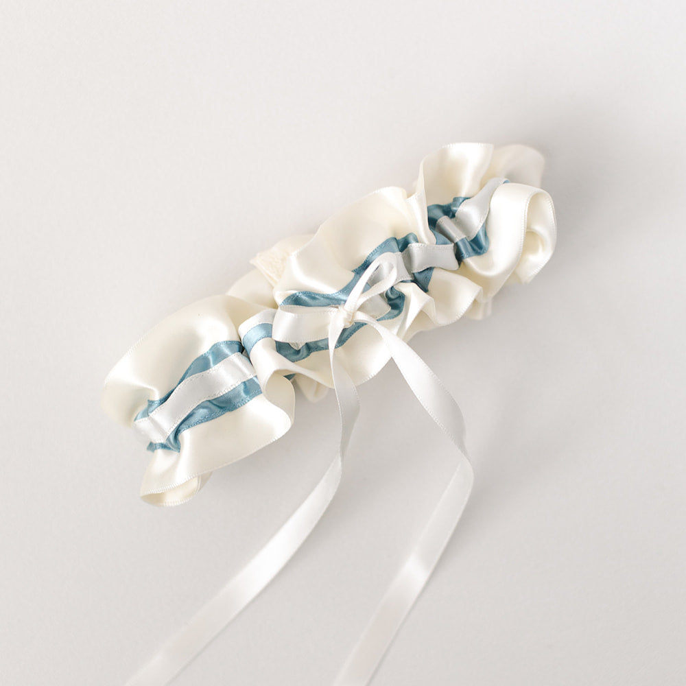 dusty blue and ivory wedding garter heirloom handmade by The Garter Girl
