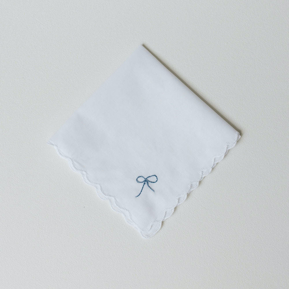something blue for bride, scalloped edge white cotton wedding handkerchief hand embroidered by The Garter Girl
