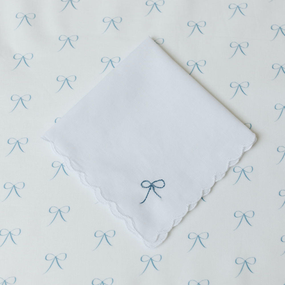 something blue for bride, scalloped edge white cotton wedding handkerchief hand embroidered by The Garter Girl