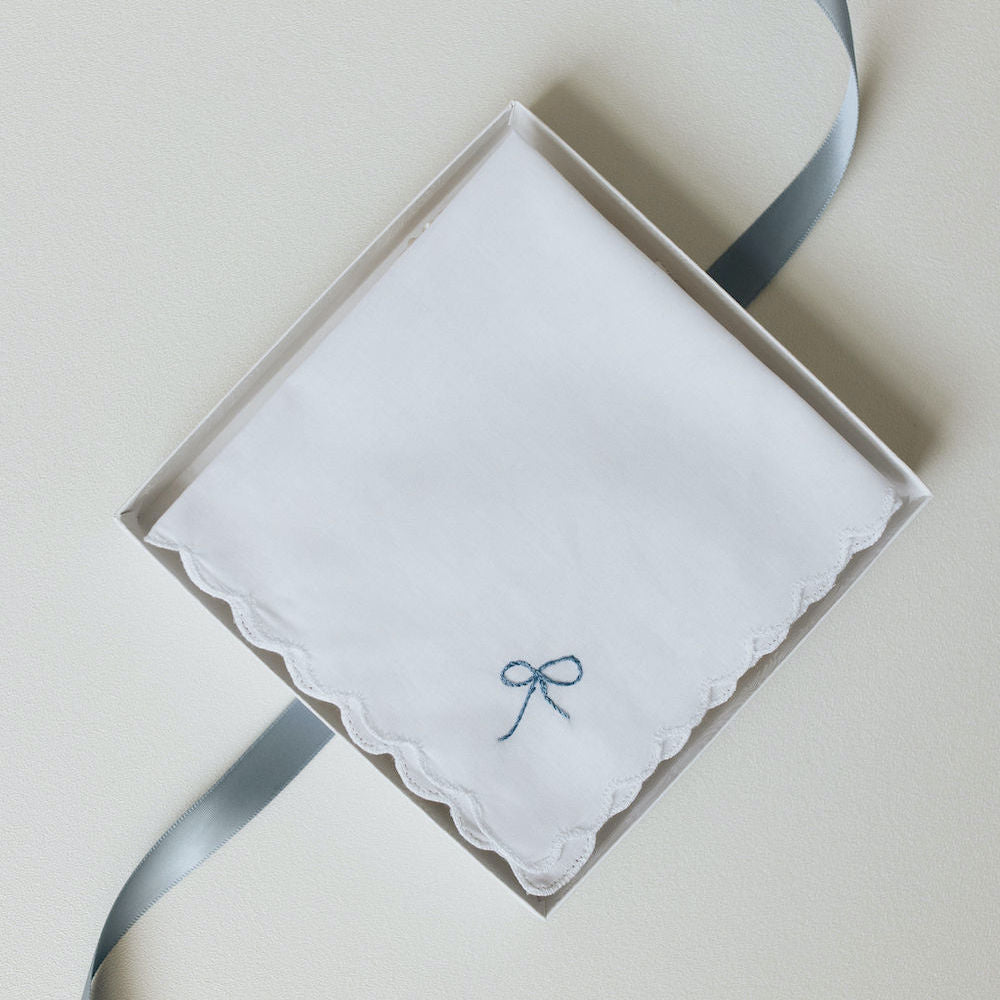 something blue for bride, scalloped edge white cotton wedding handkerchief hand embroidered by The Garter Girl