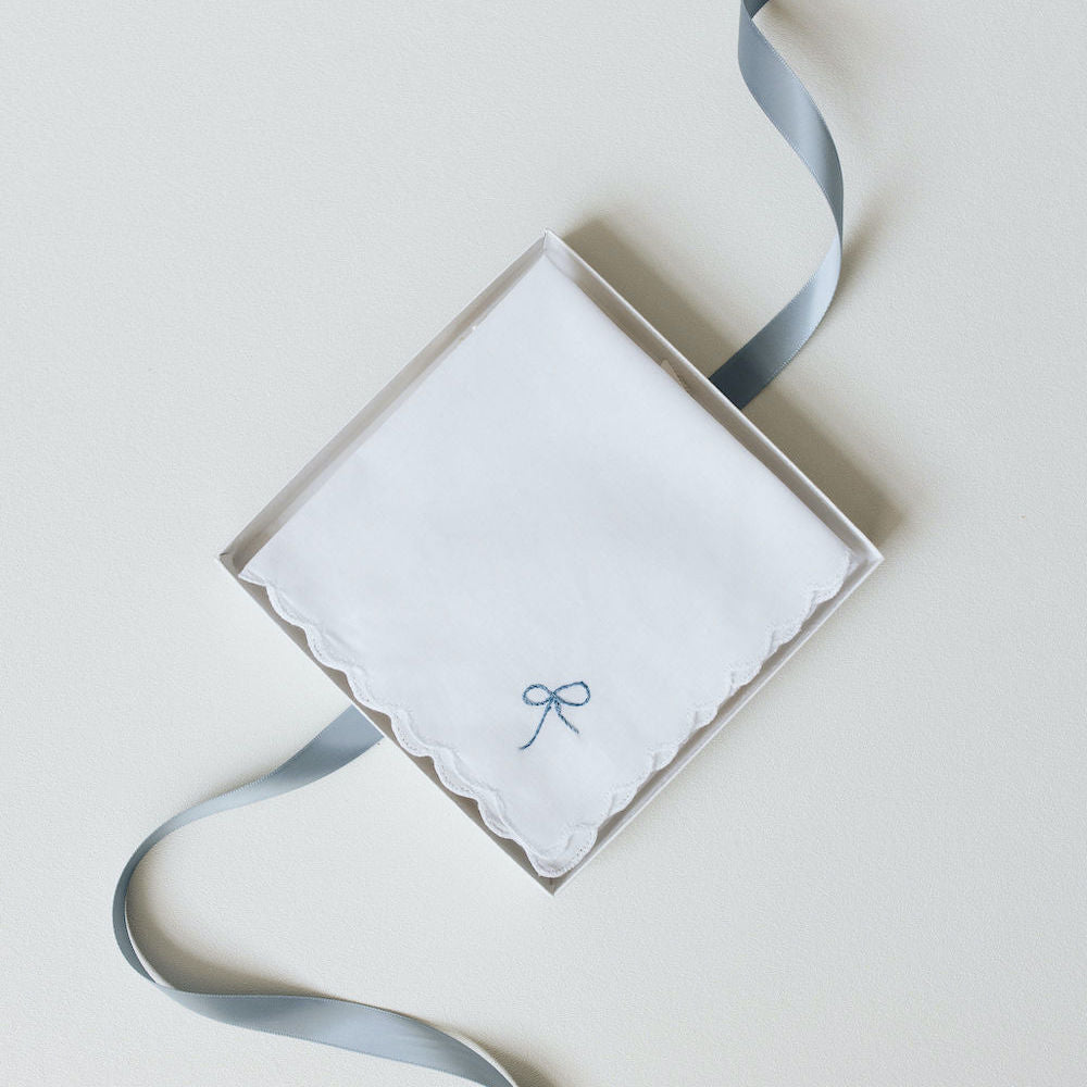 something blue for bride, scalloped edge white cotton wedding handkerchief hand embroidered by The Garter Girl