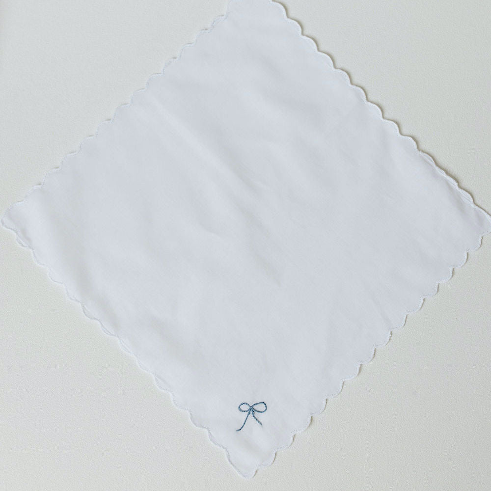 something blue for bride, scalloped edge white cotton wedding handkerchief hand embroidered by The Garter Girl