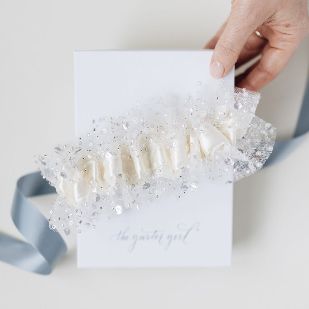 pearl, sparkle and jewel encrusted wedding garter handmade wedding heirloom  by The Garter Girl