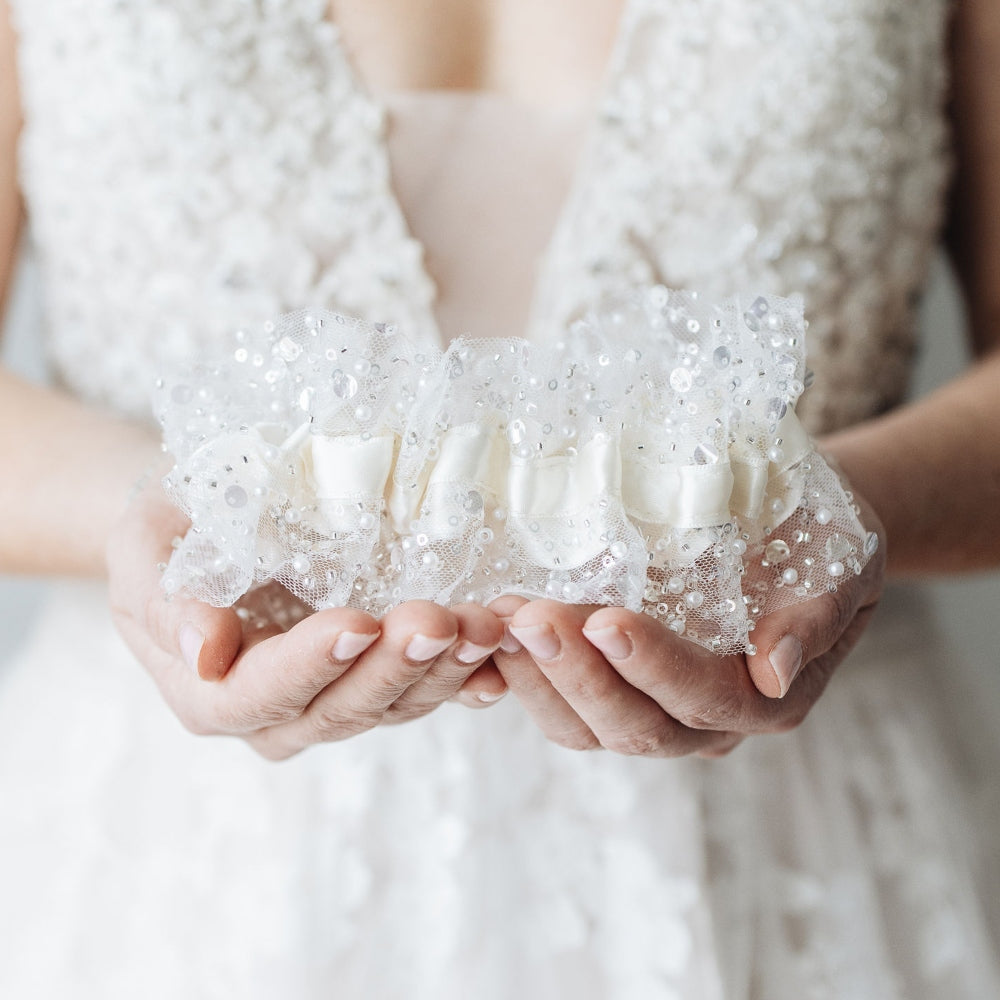 pearl, sparkle and jewel encrusted wedding garter handmade wedding heirloom  by The Garter Girl