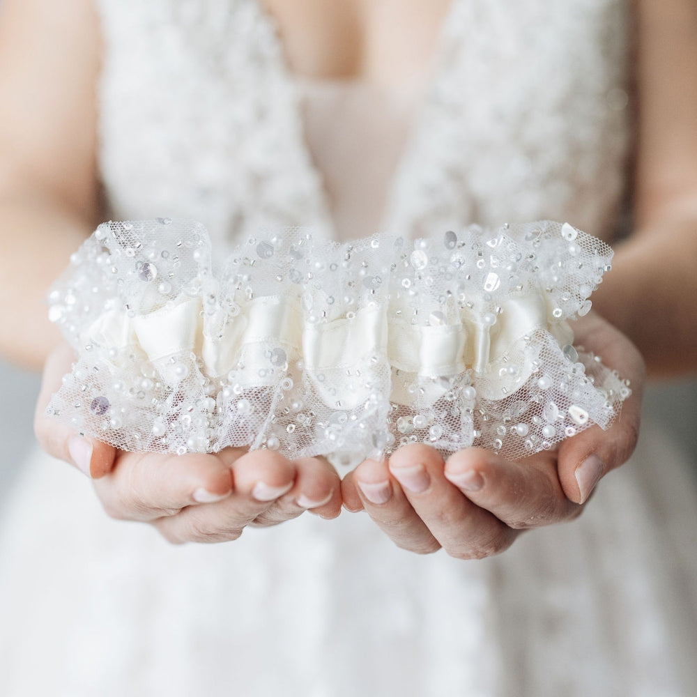 pearl, sparkle and jewel encrusted wedding garter handmade wedding heirloom  by The Garter Girl