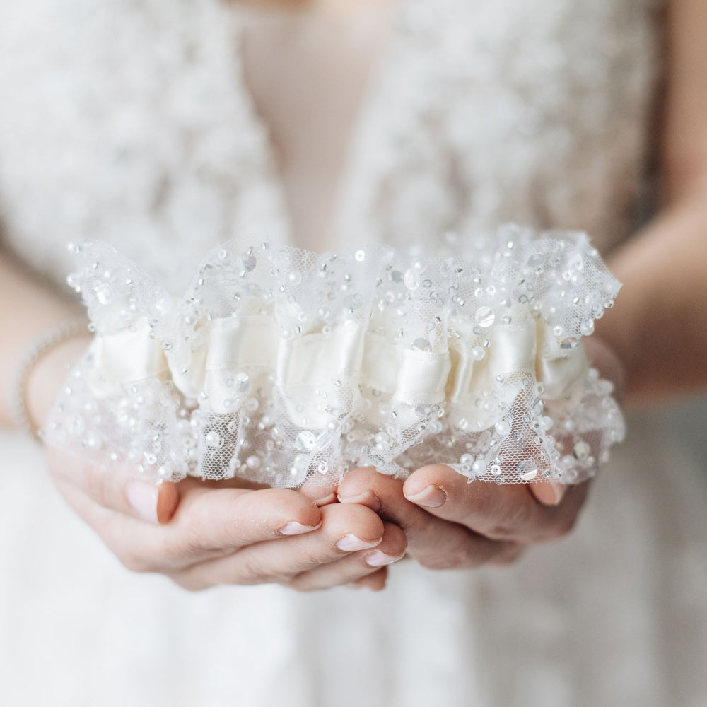 pearl, sparkle and jewel encrusted wedding garter handmade wedding heirloom  by The Garter Girl