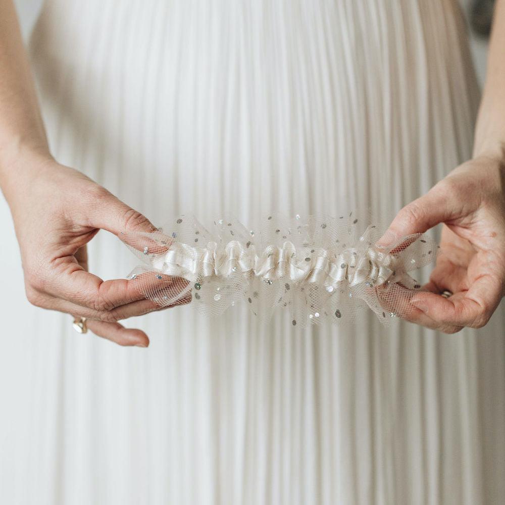 sparkle tulle wedding garter set, elegant bridal accessory, handmade by expert garter designer, The Garter Girl