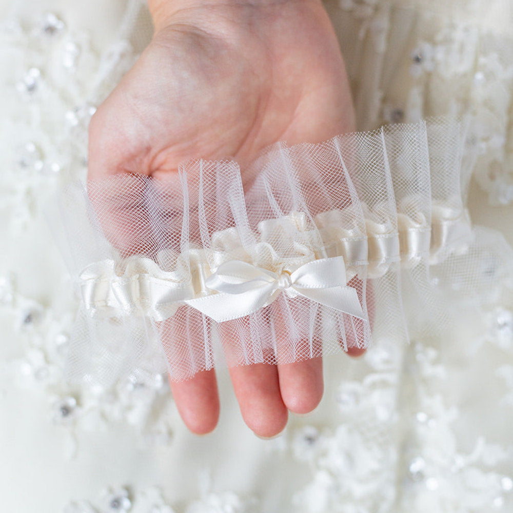 Ivory Tulle Wedding Garter Set | Romantic Garter for Bride Add Matching Tossing Garter (+$32) / Do Not Add Embroidery / Small (14 - 18 Inches)
