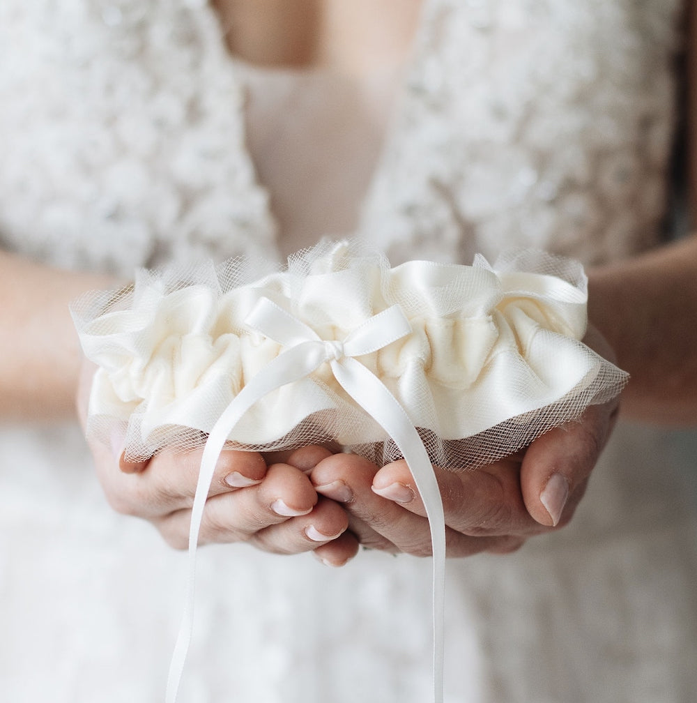 Shop our heirloom velvet wedding garter with ivory tulle and satin handmade by The Garter Girl