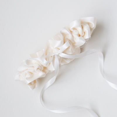 Shop our heirloom velvet wedding garter with ivory tulle and satin handmade by The Garter Girl