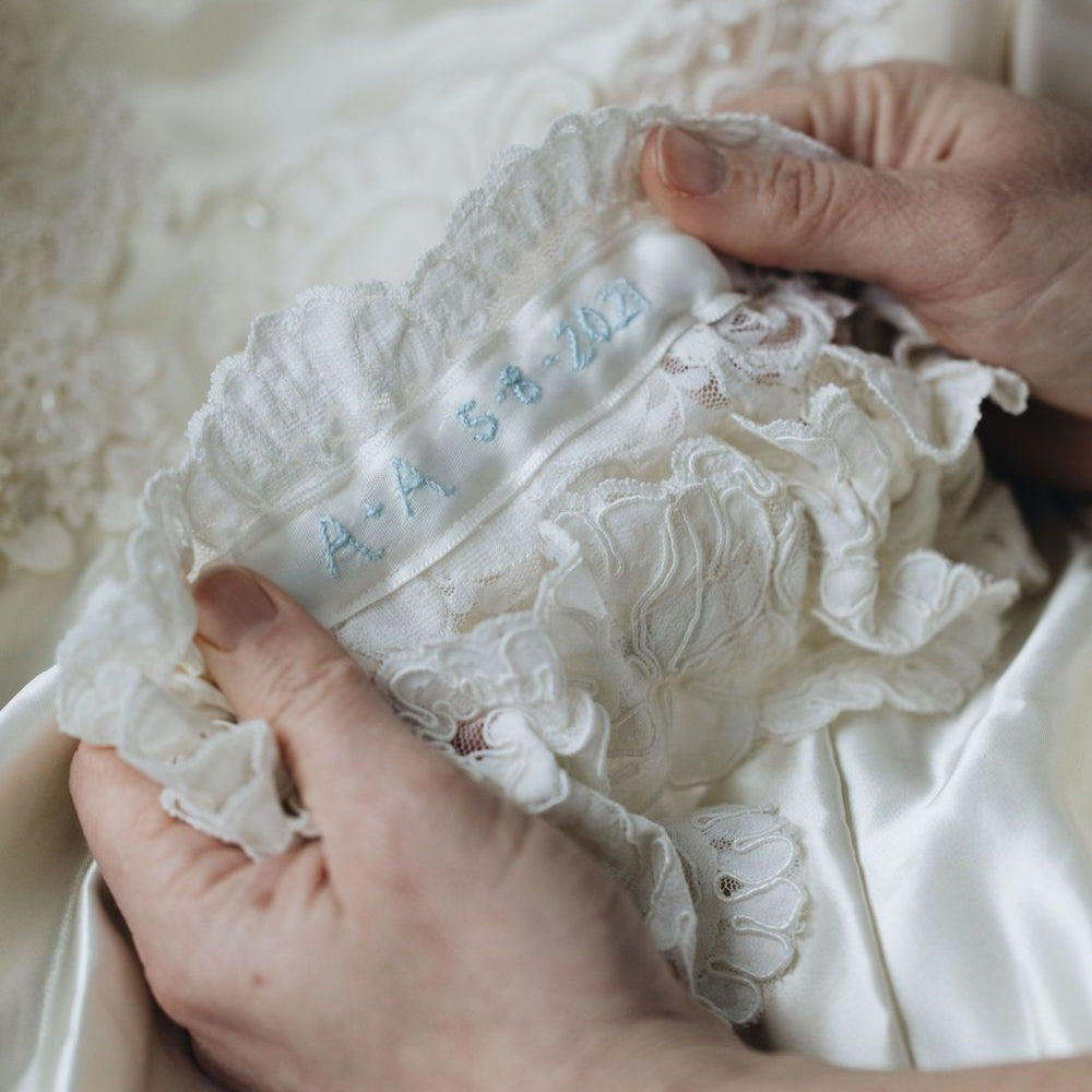 personalized hand embroidered wedding heirloom garter, handkerchief handmade by The Garter Girl