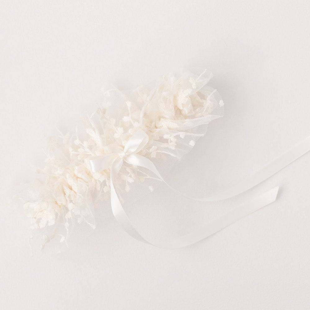Wedding garter w floral tulle and satin handmade by The Garter Girl