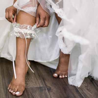 Shop our boho wedding garter with floral embroidered tulle handmade by The Garter Girl