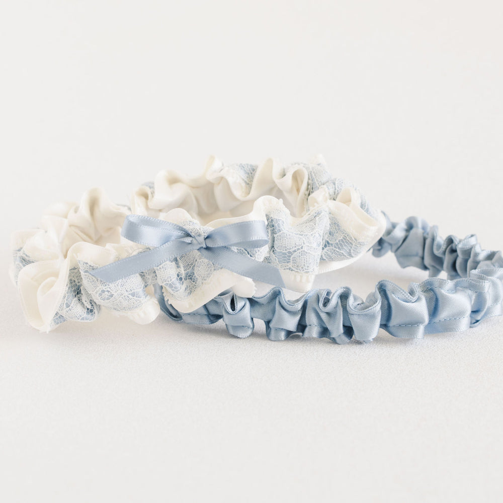 designer something blue for bride, dusty blue and ivory lace wedding garter heirloom handmade by The Garter Girl