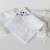 handmade wedding heirloom handkerchief personalized with mother's wedding dress and embroidery from The Garter Girl