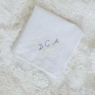 handmade wedding heirloom handkerchief personalized with mother's wedding dress and embroidery from The Garter Girl