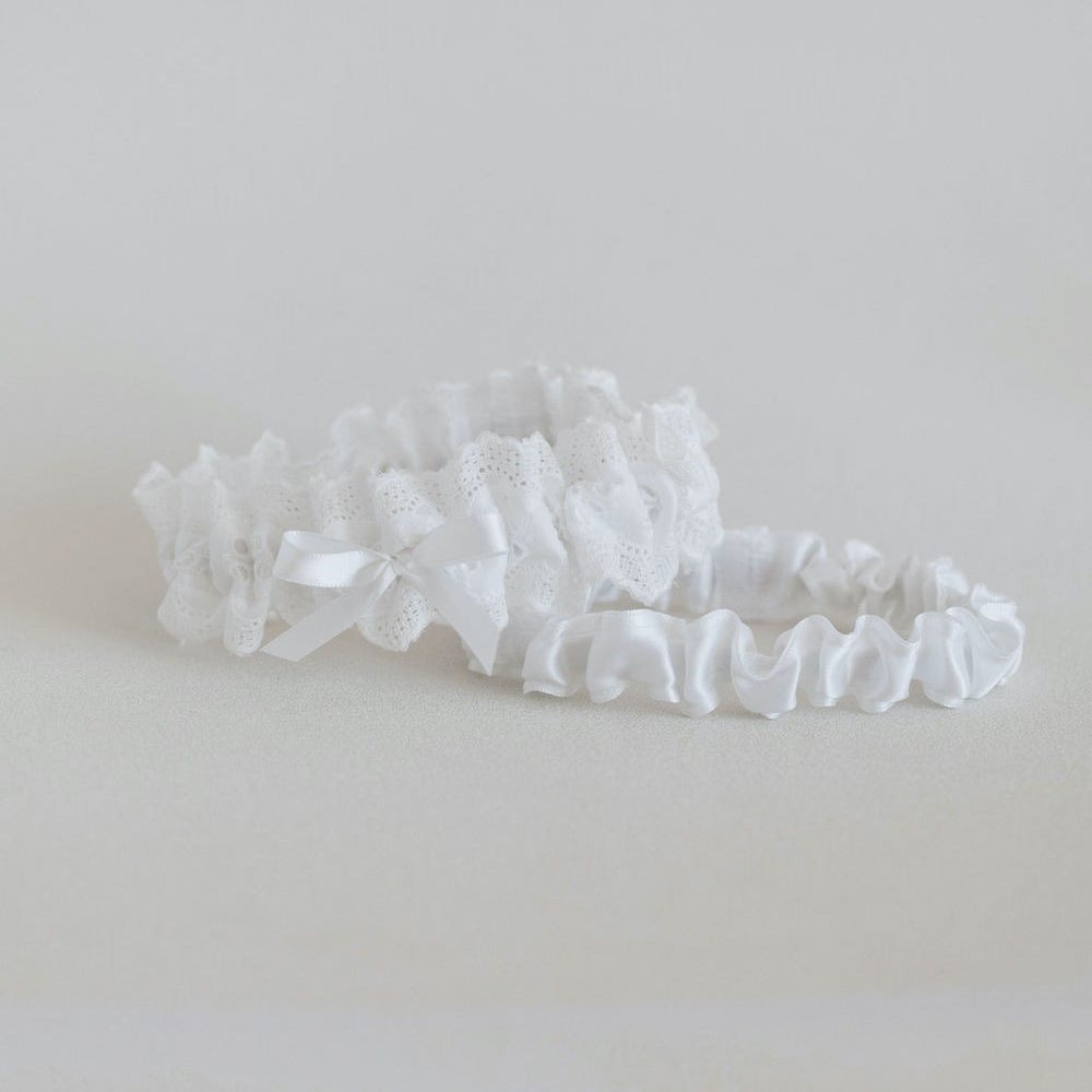 white eyelet lace and satin wedding garter by The Garter Girl